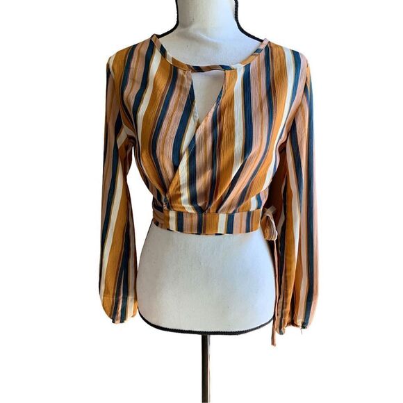 Favlux Cropped Wraparound Tied Blouse Striped Green Gold Bubble Sleeve Wmn Small - Picture 1 of 8